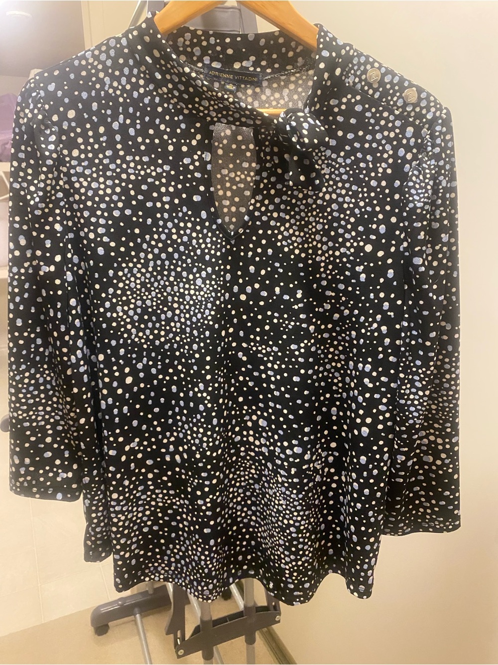 Adrienne Vittadini Black, White, and light blue Dot Tie-Neck Blouse